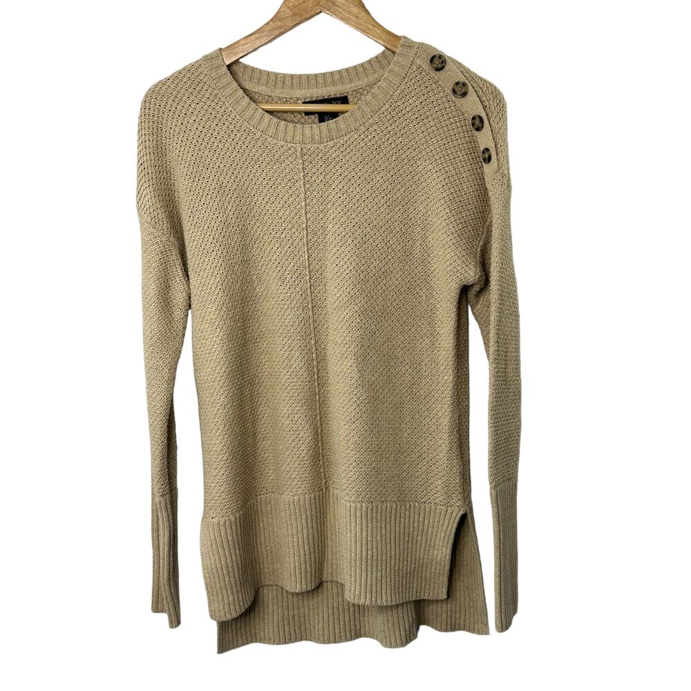 Rachel Zoe Tan Open Knit Long Sleeve Sweater Shoulder Buttons Women's Small